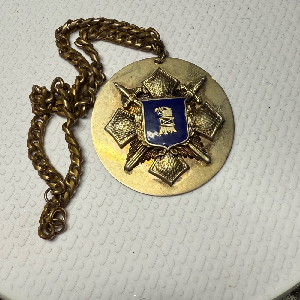 N14.)Gold and Blue Medallion Necklace. See photos for wear